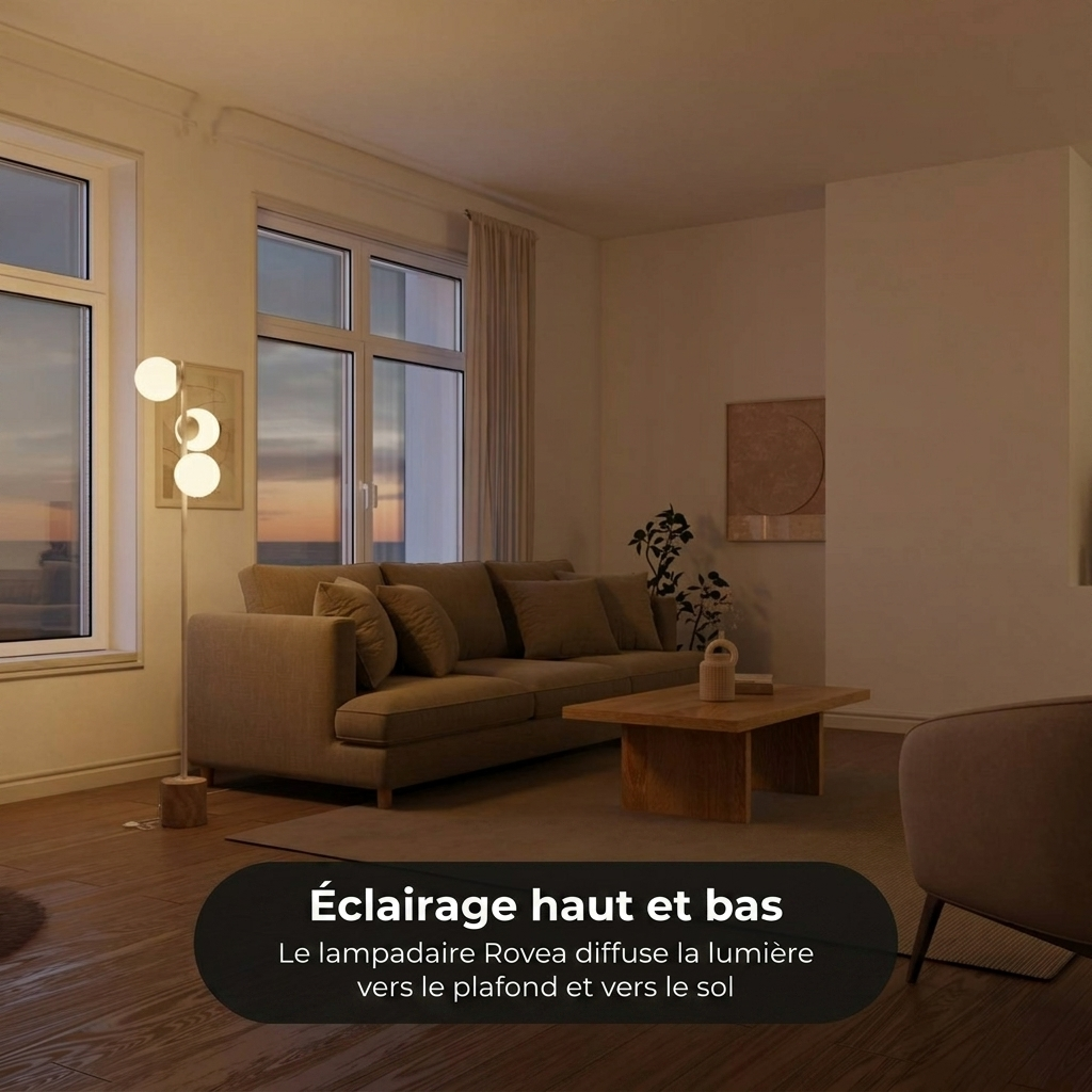 Lampadaire Rovea vue installation base travertin - Lumalia
