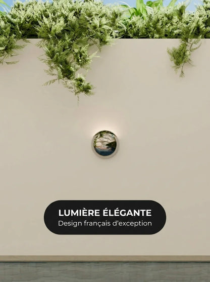 Applique murale Pela vue détail disque rond chrome IP65 - Lumalia