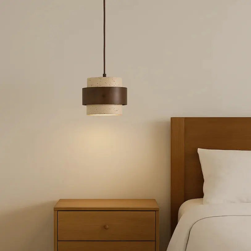 Suspension Moderne en Travertin et Bois Noyer Ø 20 cm | Frya