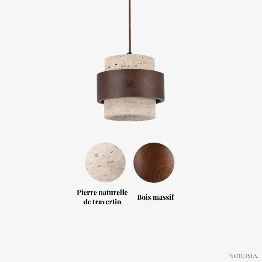 Suspension Moderne en Travertin et Bois Noyer Ø 20 cm | Frya