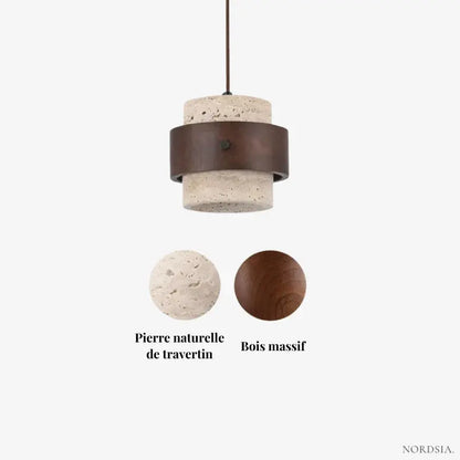 Suspension Moderne en Travertin et Bois Noyer Ø 20 cm | Frya