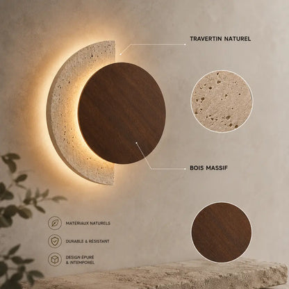 Applique Murale Design en Travertin et Bois avec LED Intégrée | Halla