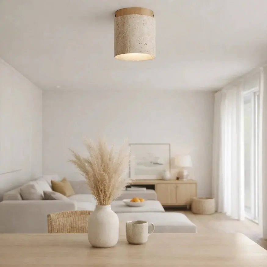 Plafonnier contemporain en travertin et bois massif | Kara