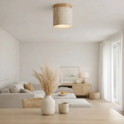 Plafonnier contemporain en travertin et bois massif | Kara