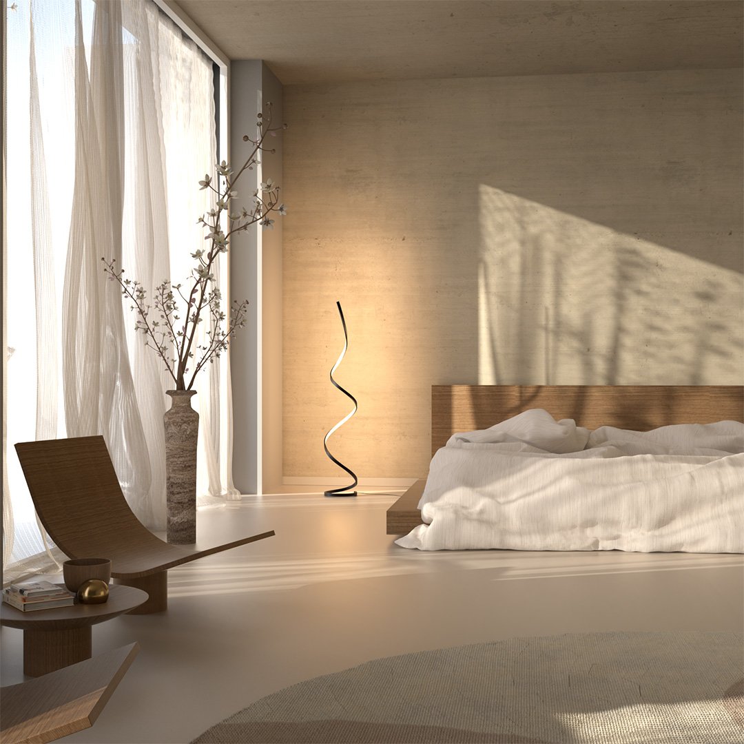 Lampadaire Helica vue ambiance chambre minimaliste - Lumalia