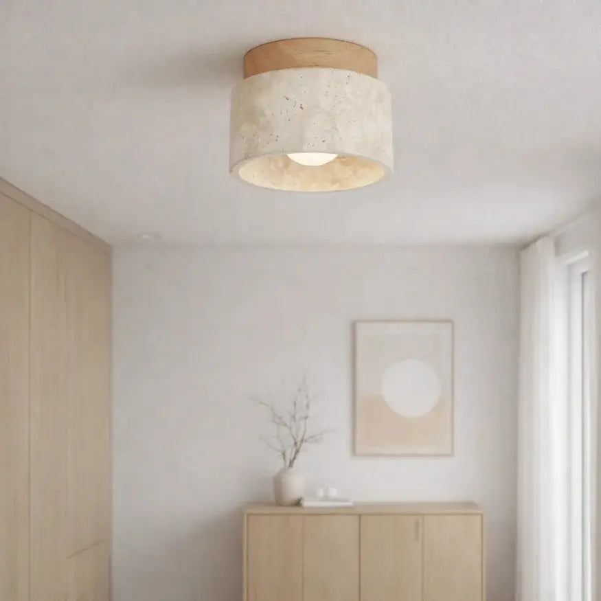 Plafonnier contemporain en travertin et bois massif | Noor
