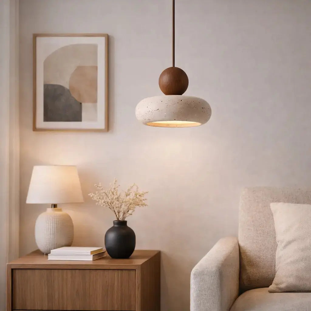 Alva - Suspension Minimaliste en Travertin et Bois