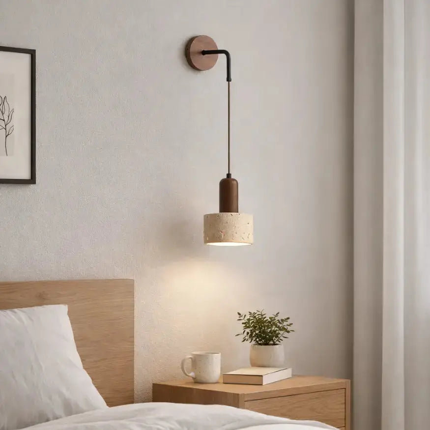 Applique murale scandinave en travertin et bois | Elvik