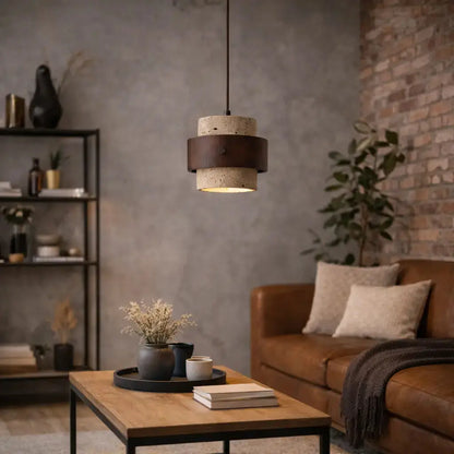 Suspension Moderne en Travertin et Bois Noyer Ø 20 cm | Frya