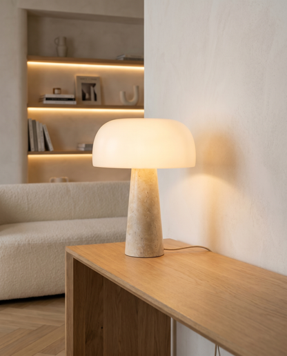 Lampe de table Petra LED travertin verre opale tactile 2200 K chevet bureau - Lumalia