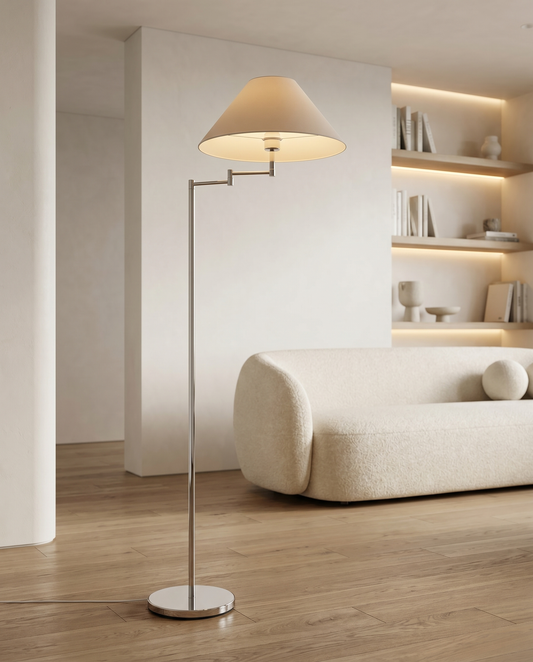 Lampadaire Ondine vintage chrome articulé E27 LED tissu pivotant salon bureau - Lumalia