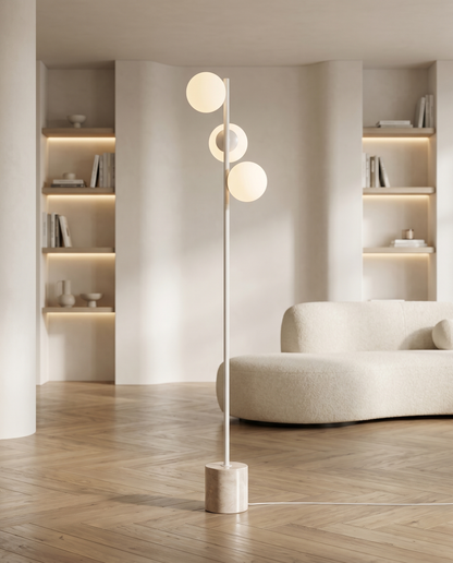 Lampadaire Mirka 3 globes verre opale base travertin E14 LED salon ambiance cosy - Lumalia