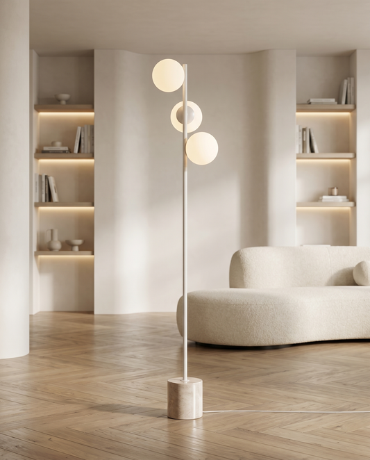 Lampadaire Mirka 3 globes verre opale base travertin E14 LED salon ambiance cosy - Lumalia