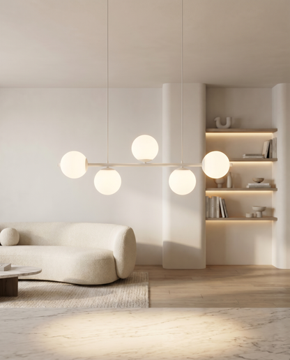 Suspension Mélia 5 globes verre opale 100 cm E14 LED salle à manger cuisine - Lumalia