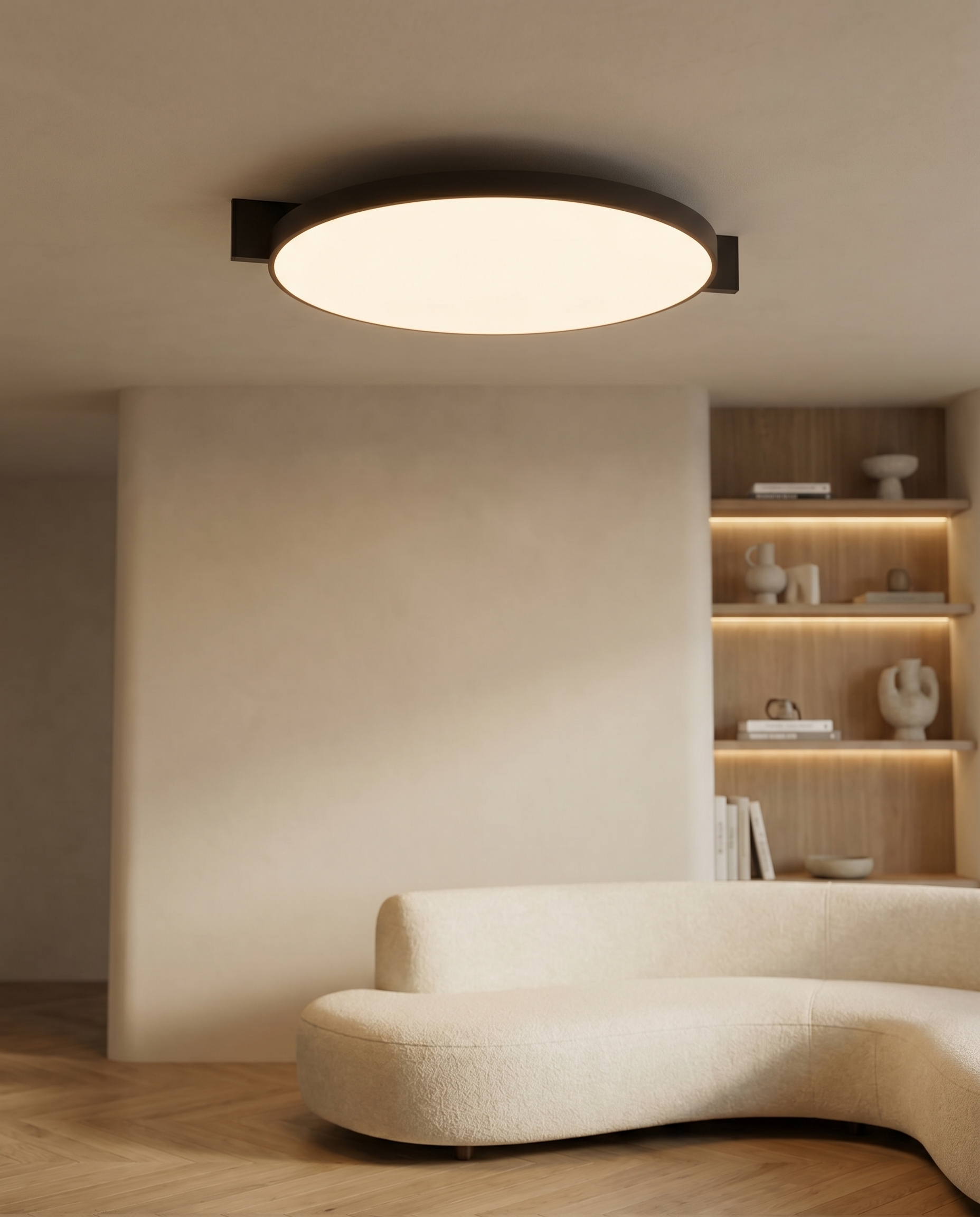 Plafonnier Bréa LED 4000 lm IRC 95 aluminium rond salon couloir chambre cuisine - Lumalia