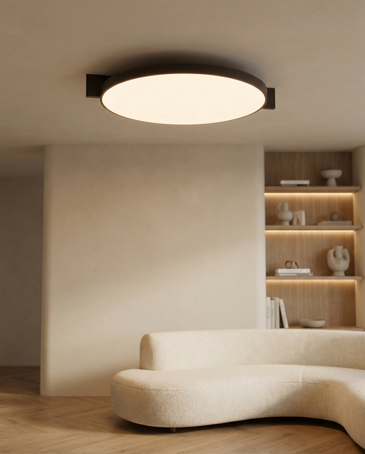 Plafonnier Bréa LED 4000 lm IRC 95 aluminium rond salon couloir chambre cuisine - Lumalia