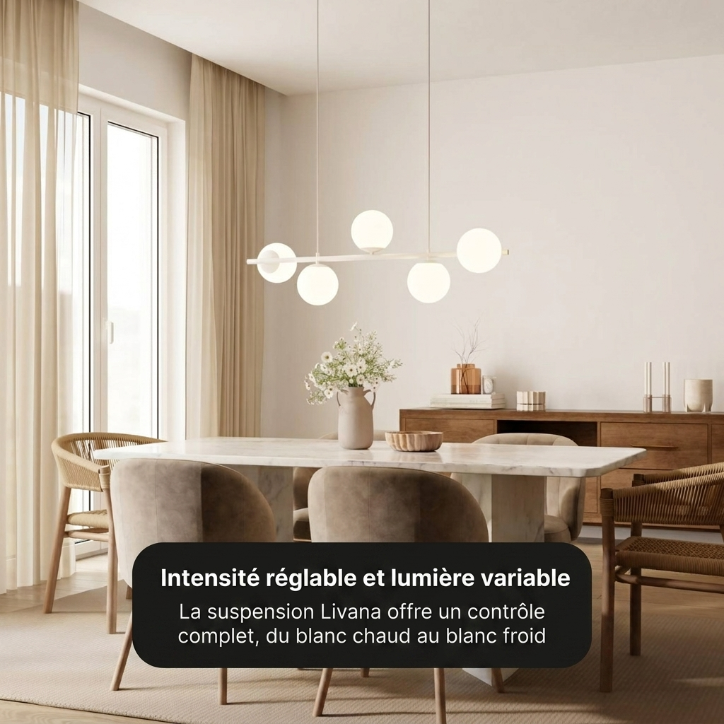 Suspension Livana vue détail globe verre opale fer thermolaqué - Lumalia