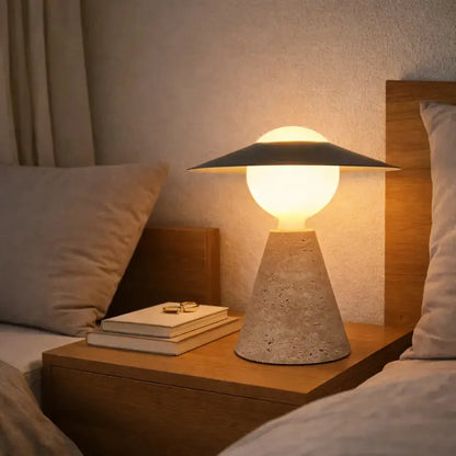 Lampe à poser scandinave en travertin et verre opalin | Aili