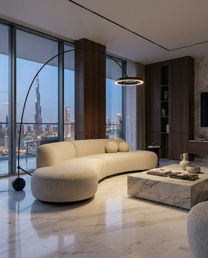 Lampadaire Aréa — design arc LED dimmable noir chrome - Lumalia