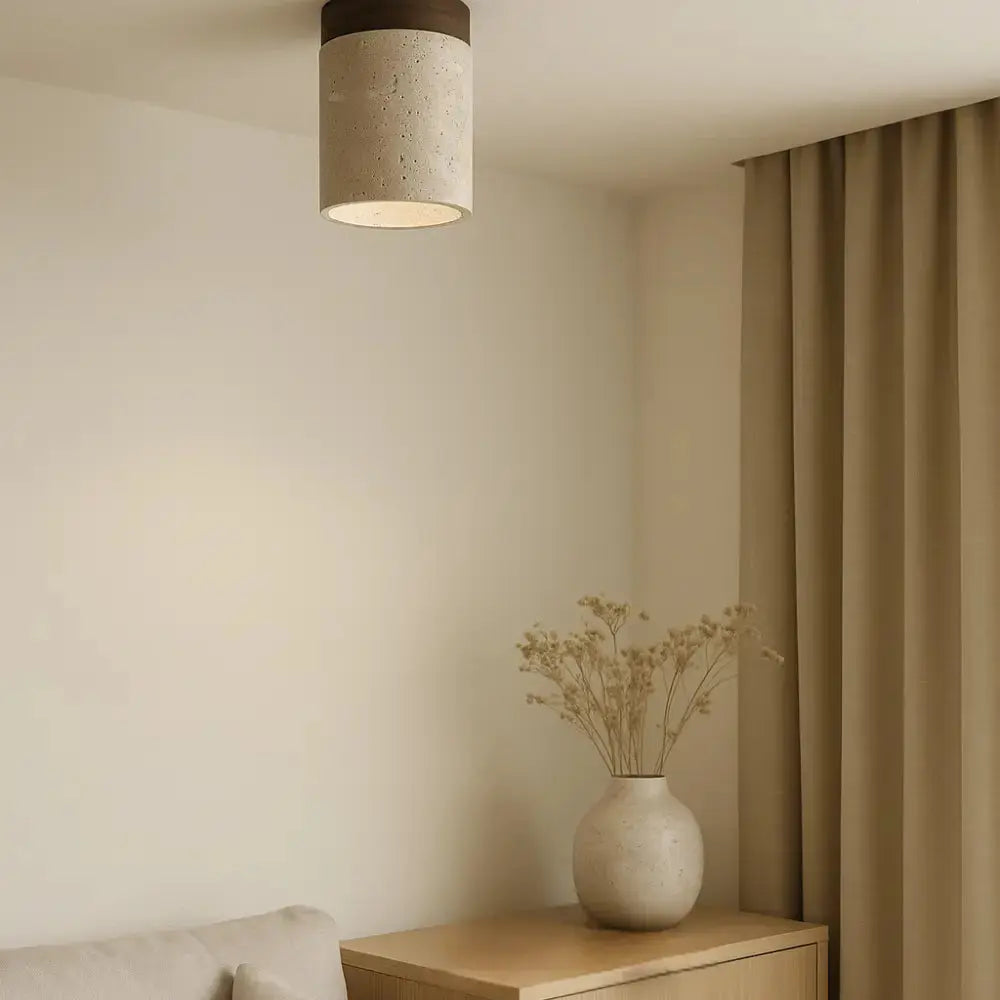 Plafonnier contemporain en travertin et bois massif | Kara