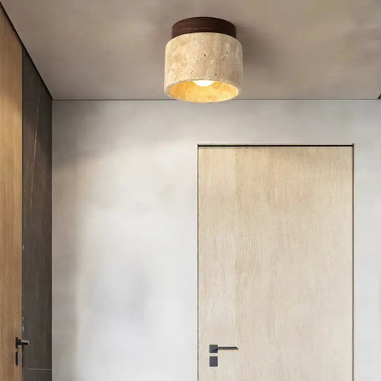 Plafonnier contemporain en travertin et bois massif | Noor