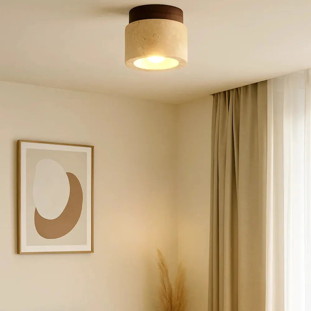 Plafonnier contemporain en travertin et bois massif | Noor