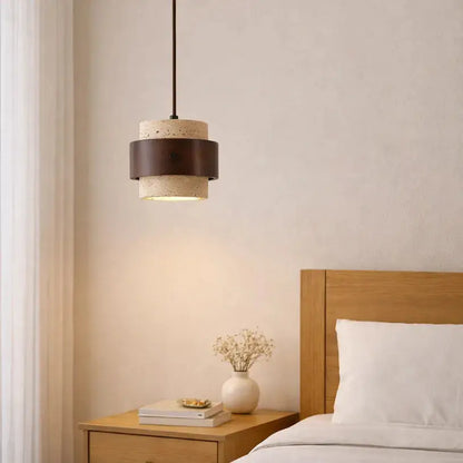Suspension Moderne en Travertin et Bois Noyer Ø 20 cm | Frya